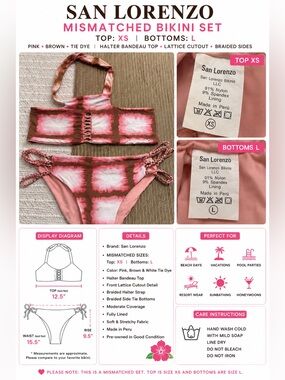 San Lorenzo Mismatched Bikini Set XS Top L Bottom Pink Brown Tie Dye Halter